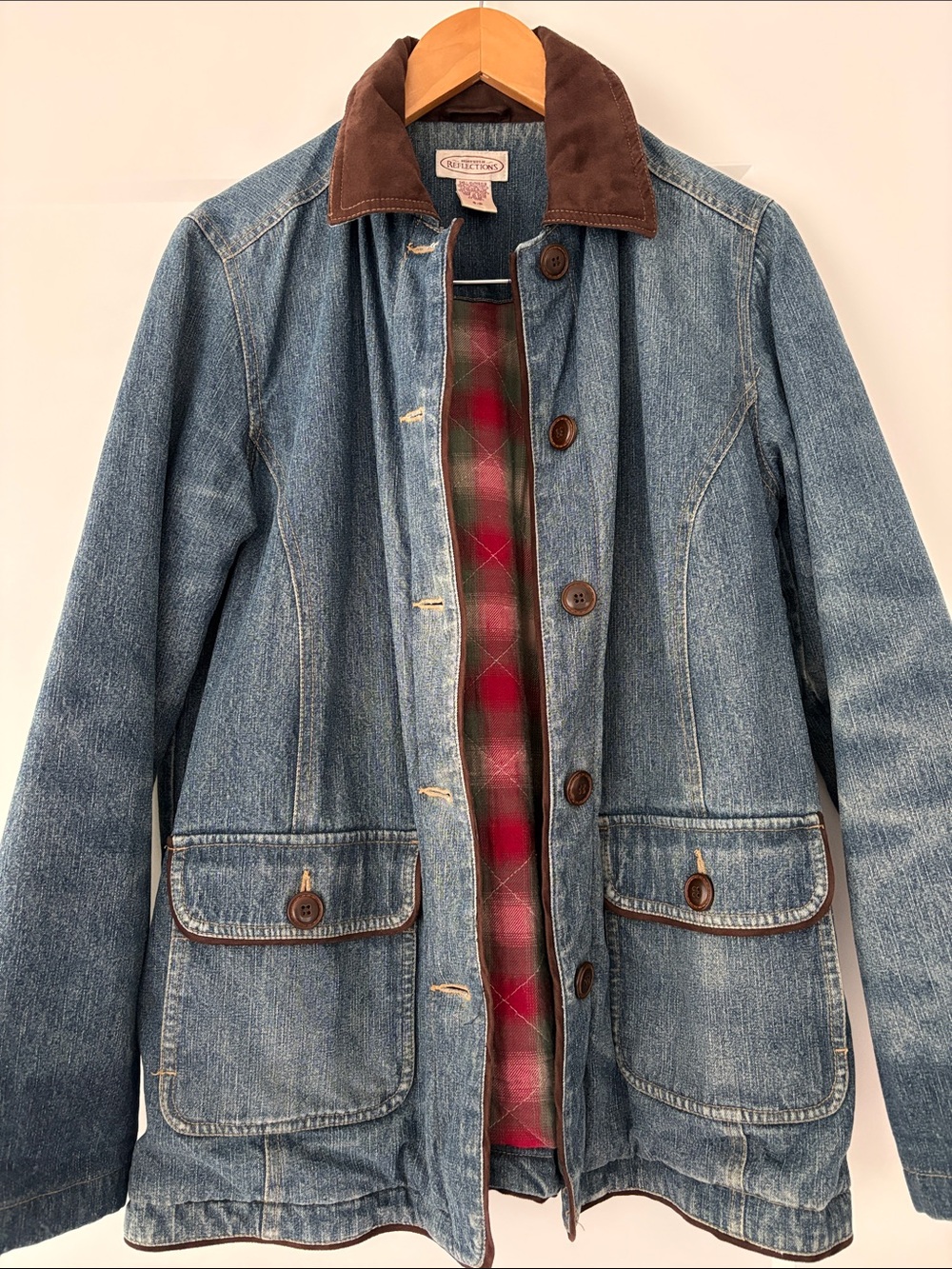 Vintage 90s Northern Reflections Denim Chore Coat with Quilted Plaid Lining